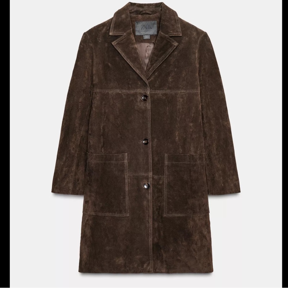 Zara Dark Brown Suede Leather Coat - Picture 2 of 7